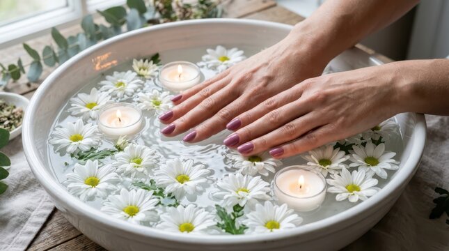 Woman relaxing at a spa with her hands soaking in a white bowl filled with water, floating white daisy flowers, and lit candles for aromatherapy and skincare treatment