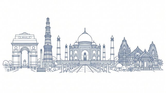 Iconic Indian Landmarks Skyline Silhouette in Blue Line Art Style