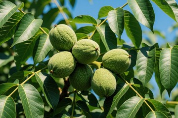 Fototapeta premium Green walnuts grow on tree branch with large leaves. Close up of unripe nuts in organic garden during summer. Fresh nut fruit hangs from walnut tree under blue sky. Natural agriculture background for