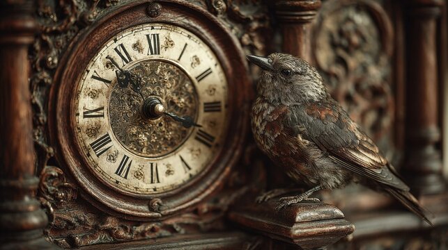Antique Ornate Wooden Clock with a Small Bird Perched Beside the Dial Symbolizing Time and Nature