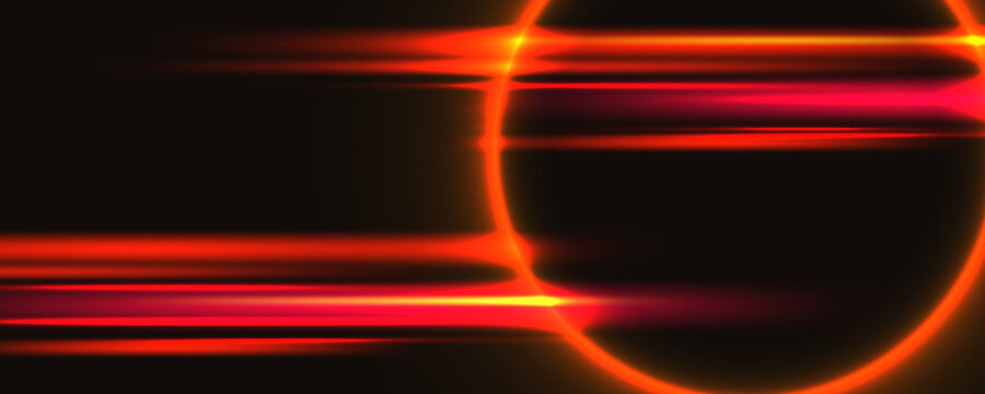 Glowing red lightning streaks crossing dark blur background, bright neon beam flow with circular glare, high‑speed digital energy png graphic