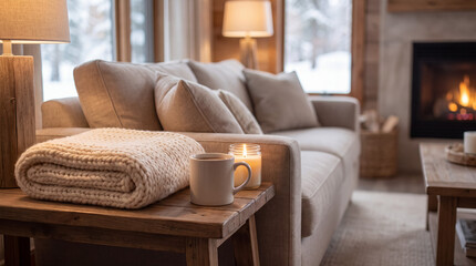 Fototapeta premium Cozy living room interior with a warm knit blanket, hot drink, and burning candle by the sofa and fireplace