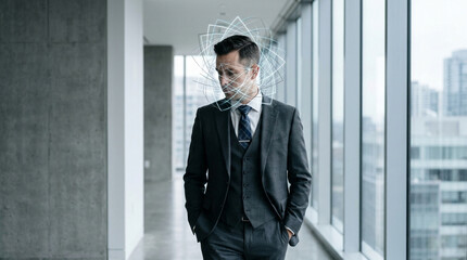 Fototapeta premium Businessman with Futuristic Facial Recognition Scan Overlay in Modern Office