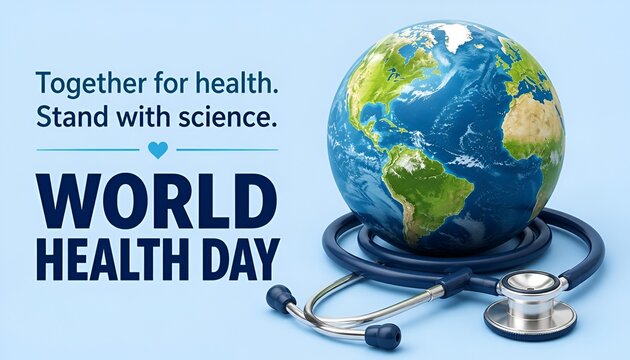 Together for health. Stand with science. World Health day concept 3d background. World health day concept design with doctor stethoscope.