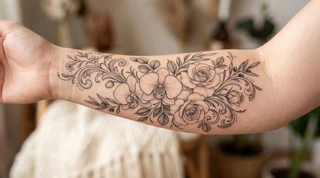 Floral Tattoo Design on Arm | Rose Orchid Botanical Sleeve Art