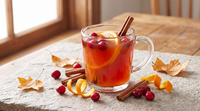 Hot cider drink with cranberries and orange slices in a glass mug, surrounded by cinnamon sticks and autumn leaves