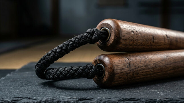 Close-up of wooden nunchucks with black rope on dark slate background.