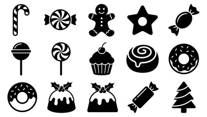 Naklejka premium Set of black silhouette vector icons featuring various sweet treats and festive holiday bakery items for creative design graphic projects