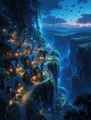 Fototapeta premium Small village on cliffside at night. Glowing lights shine from houses nestled on mountain path. Birds fly above vast canyon vista with twilight sky.