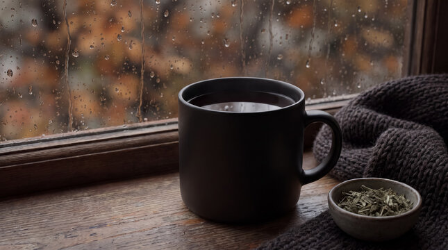 Hot tea mug on a wooden window sill, cozy moment enjoying rain drops falling on glass, autumn mood