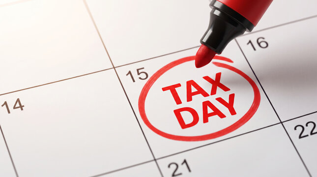 Tax day calendar red marker deadline tax preparation reminder for filing season. inspecting financial accounting document report. government payment return refund, income revenue budget planning
