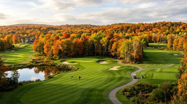 Golfers walking on a fairway at a scenic golf course during autumn