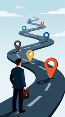 Businessman looks at winding road with many colorful location markers. Man with briefcase plans long term career path, business strategy. Roadmap shows goals, progress, direction for future success