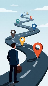 Businessman looks at winding road with many colorful location markers. Man with briefcase plans long term career path, business strategy. Roadmap shows goals, progress, direction for future success