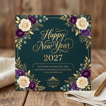 Elegant floral new year card with gold calligraphy and dark green background