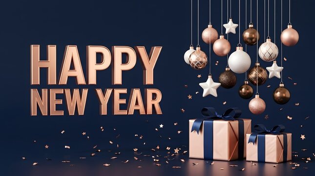 Festive new year celebration with hanging ornaments and gift boxes