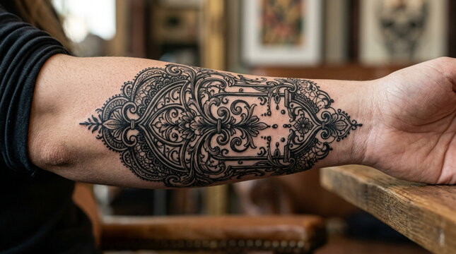Intricate Black Lace Tattoo on Arm - Elegant Floral Ornament Body Art