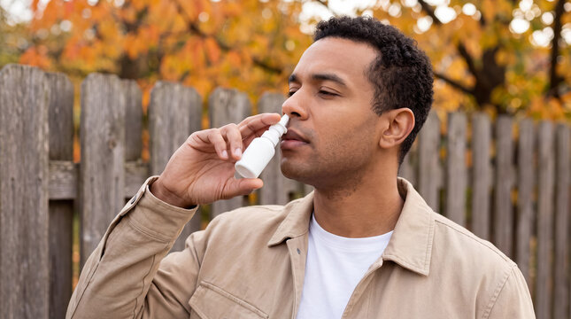 Young man using a nasal spray outdoors for seasonal allergies, finding relief from congestion during autumn