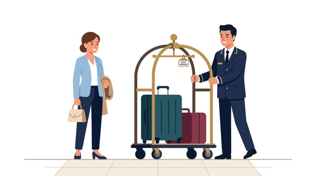 Hotel Bellhop Assisting Guest With Luggage Trolley