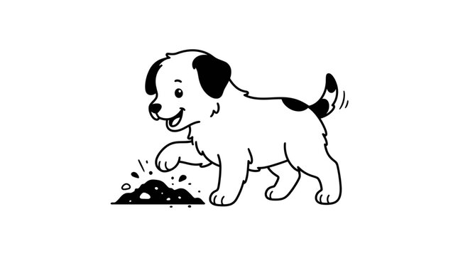 A happy puppy digs in the ground with joyful paws and a wagging tail during playtime outdoors under the sun making a fun scene for children learning about pets and nature in a drawing