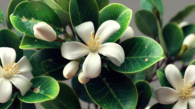 Close up of Blooming White Murraya Paniculata Flower with Green Leaves and Buds in a Garden