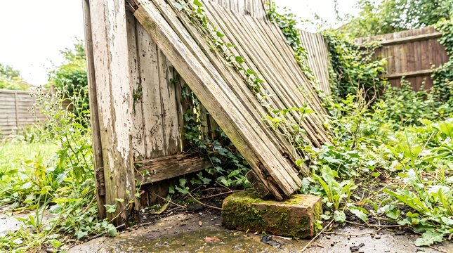 Temporary Fix Concept, Leaning Garden Fence Panel Propped Upright by a Rough Timber Batten