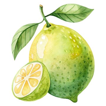 Detailed watercolor illustration of a fresh ripe lime whole and sliced isolated