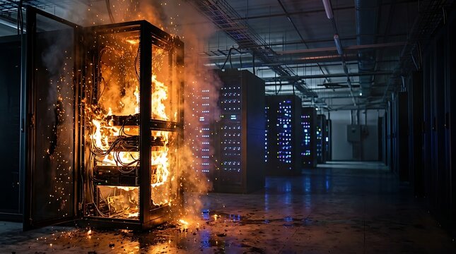 Server rack on fire in data center causing system failure and data loss with smoke and sparks igniting electrical disaster in dark room.