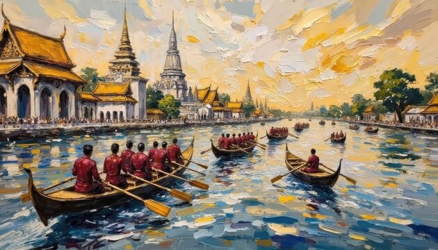Traditional Longtail Boat Racing Scene Near Historic Temple in Thailand