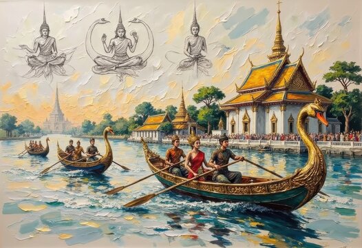 Traditional Thai Royal River Scene with Dragon Boat, Temple, and Monks
