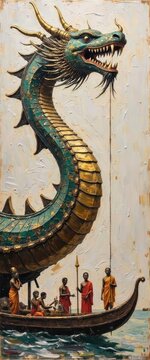 Ornate Dragon Head Carving with Sailboat and People on Water Artwork