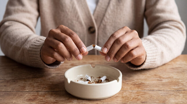 Person breaking a cigarette over an ashtray, quitting smoking addiction for a healthy lifestyle