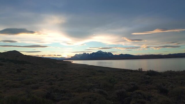 Dramatic Sunset Over Torres Del Paine National Park In Patagonia Chile