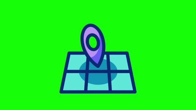 Animated map pin icon rotating above grid base on bright green screen background chroma key presentation