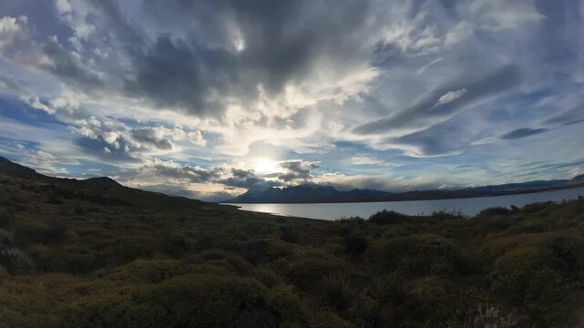 Dramatic Sunset Timelapse With Moving Clouds Over Torres Del Paine National Park In Patagonia Chile