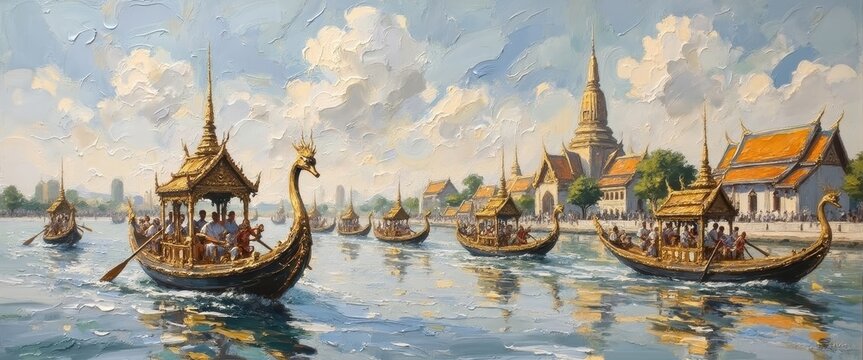 Traditional Thai longtail boats sailing in river with temples skyline in background