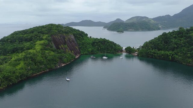 Aerial view of the calm bay with sailing boats in Brazil. Town of Angra dos Reis