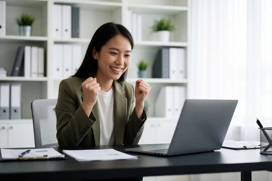 Happy Asian businesswoman celebrates success working on laptop in modern office. Young female pro shows excitement, joy after achieving business goals winning new contract. Successful entrepreneur