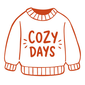 Cozy days vector sticker with warm knitted sweater and lettering, ideal for autumn fashion, comfort, hygge, seasonal apparel, lifestyle and cozy home designs.
