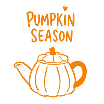 Cute vector sticker featuring a pumpkin-shaped teapot with playful autumn lettering, perfect for cozy seasonal designs, fall kitchen themes, Halloween and harvest projects.