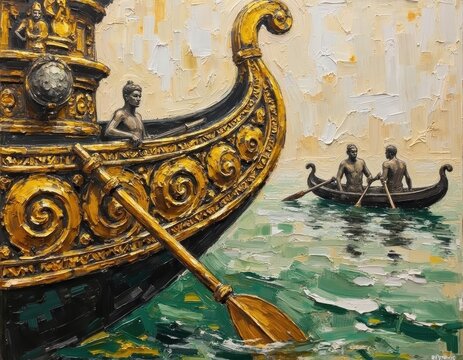 Artistic painting of historic gondola with ornate details and two rowers on water
