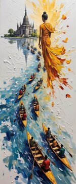 Traditional Thai Woman Walking Along River with Temple and Boats in Watercolor Style