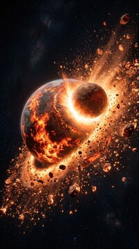 Catastrophic protoplanet impact of Theia on early Earth demonstrating rare lunar formation, visualizing cosmic filters of the fermi paradox, ejecting glowing debris ring into space.