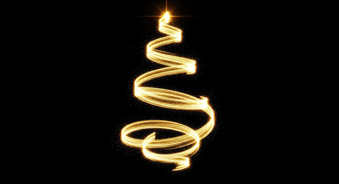 A golden spiral forms a Christmas tree shape, created by streaks of light. The light trails appear to emanate from a central point, creating a dynamic and festive visual.