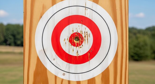 Archery target board with bullseye on wooden surface outdoors.