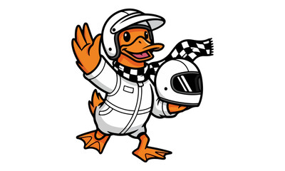 Obraz premium Racing Duck Mascot Waving and Holding Helmet