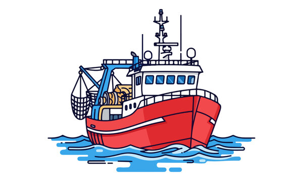 Red fishing trawler boat illustration on ocean waves