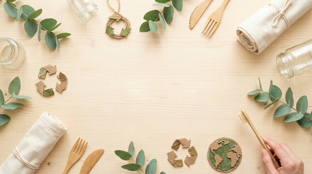 A person is arranging eco-friendly items on a light wooden table. The arrangement includes glass bottles, eucalyptus leaves, linen napkins, cutlery, a toothbrush, and a recycling symbol.