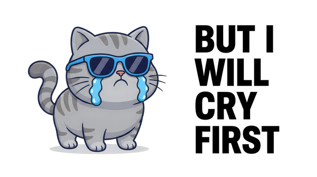 Cute crying grey cat with sunglasses and funny text but i will cry first