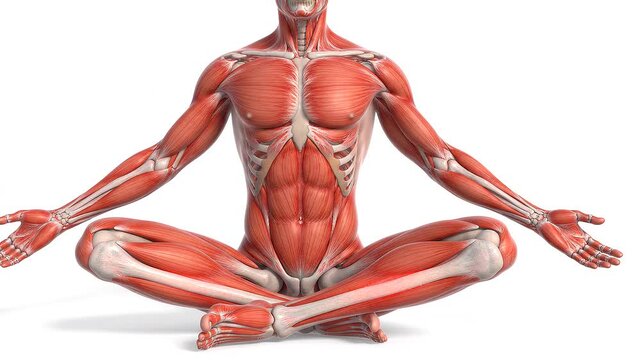Detailed 3D Anatomy of Human Muscular System in Zen Meditation Pose Demonstrating Core Strength and Body Awareness